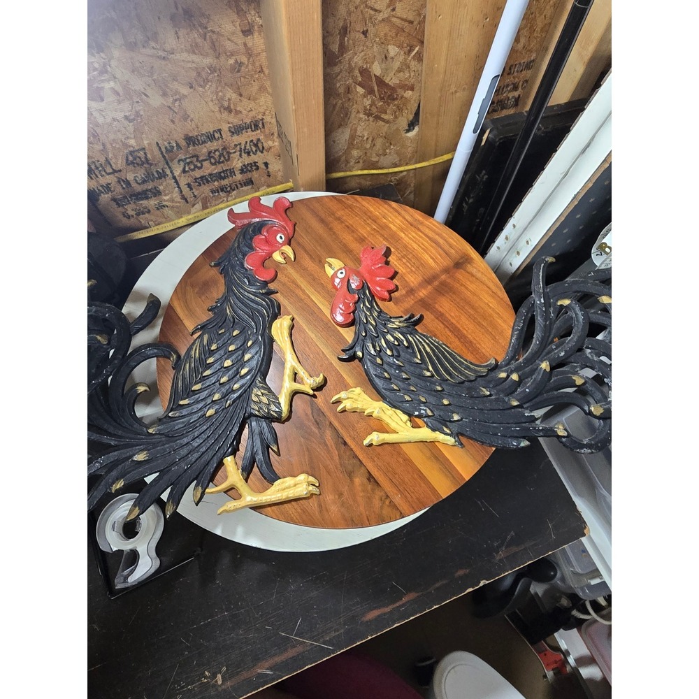 Vintage Cast Metal Rooster Wall Art Set Black Red Gold Farmhouse Decor 2pc